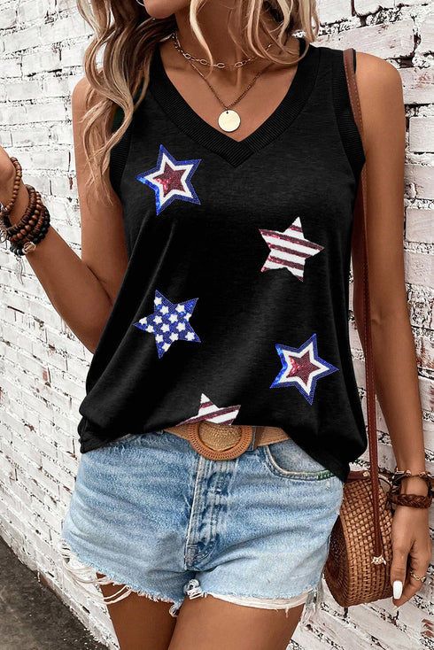 Black July 4th Sequin Star Patched V Neck Tank Top